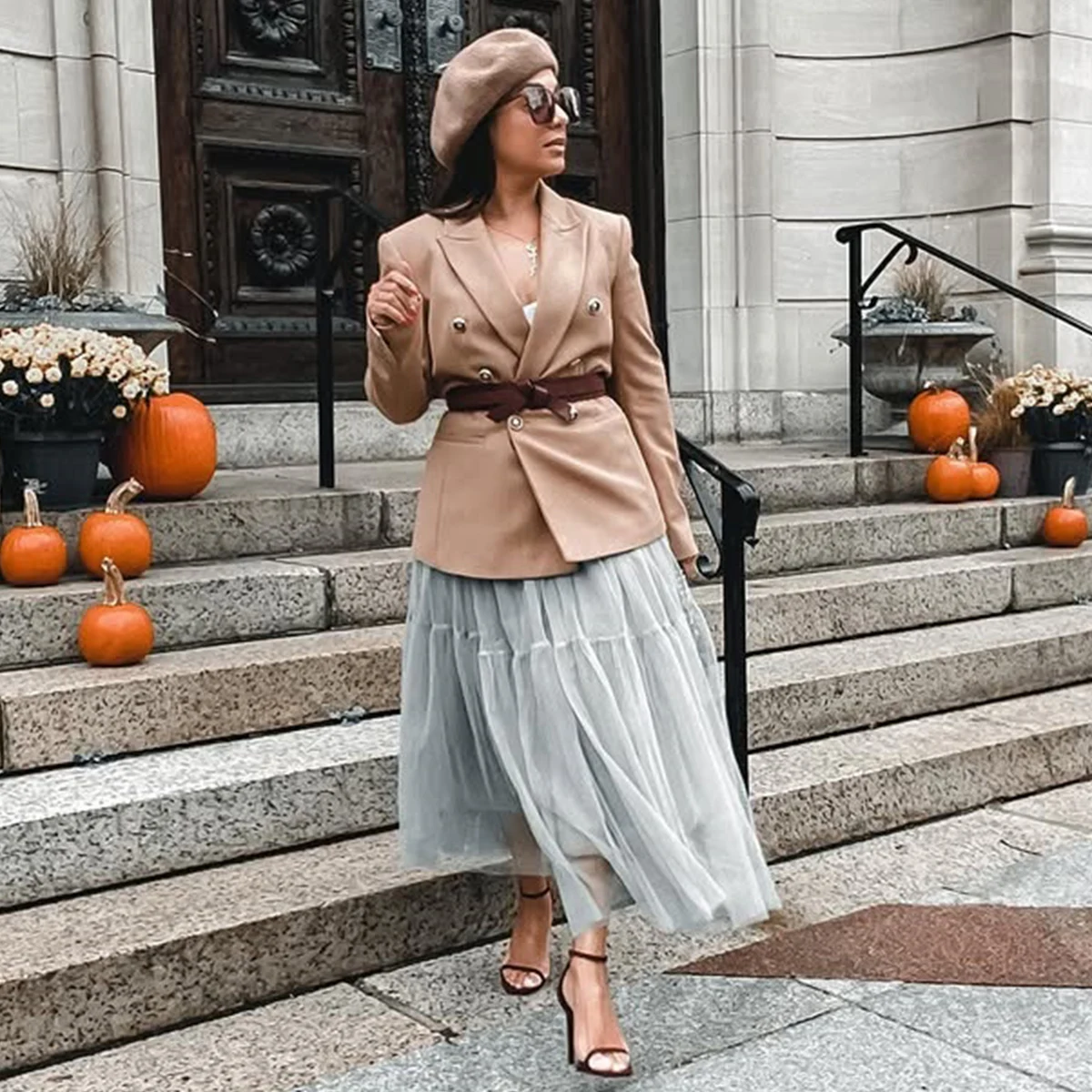 

Серая тюлевая женская юбка с эластичной резинкой на талии, тюлевая юбка-пачка трапециевидной формы, женская юбка до середины икры, индивидуальный цвет, размер, официальная одежда