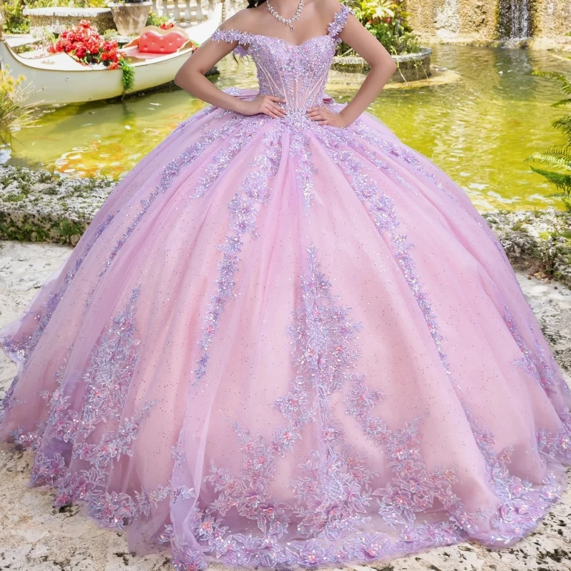 

Pink Sparkly Ball Gown Quinceanera Dresses Off the Shoulder Applique Lace Beading Crystal Bow Tull Corset Vestidos De 15 Anos
