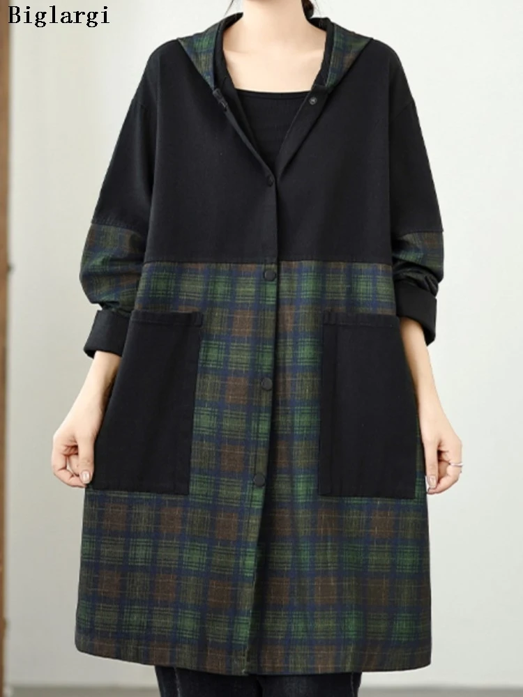 

Oversized Denim Autumn Hooded Coat Women Plaid Print Fashion Vintage Ladies Jackets Casual Loose Woman Midi Coats
