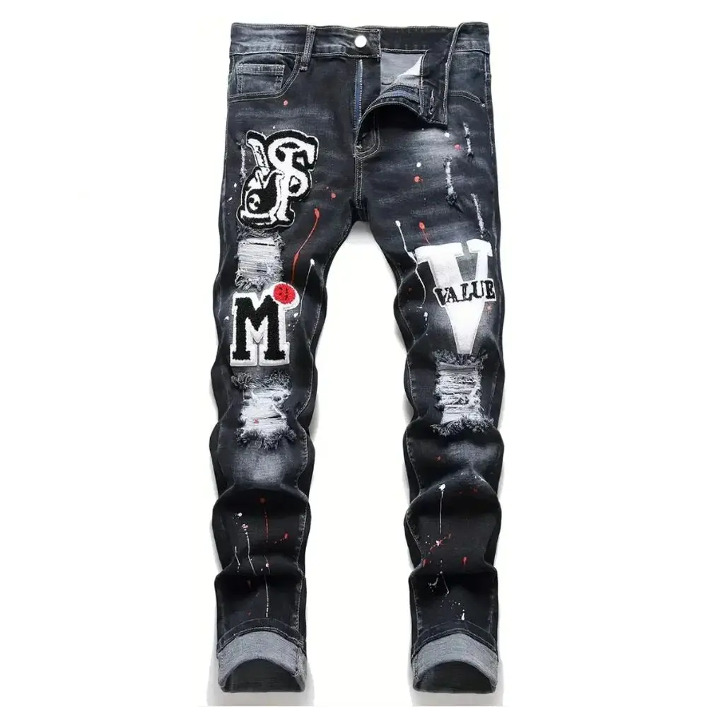 

Men's Y2K Stretchy Denim Jeans Ripped Skinny Letter Print Elastic Cleanfit Style Neutral Polyamide Fiber Drawstring Pants