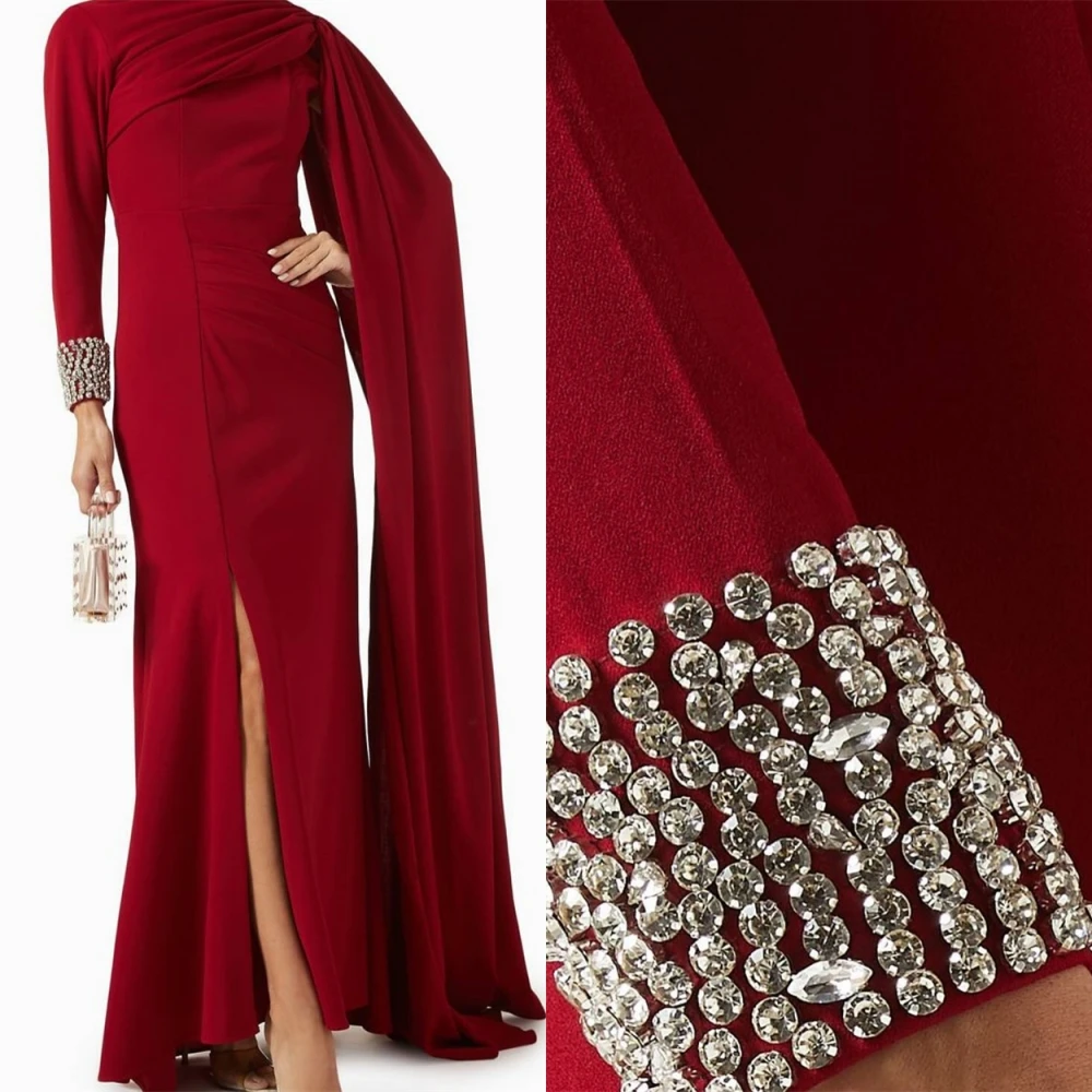 Customized Delicate Red Jersey Evening Dress Temperament Crew Neck One Shoulder Long Sleeves Celebrity Gowns Classic Party Dress