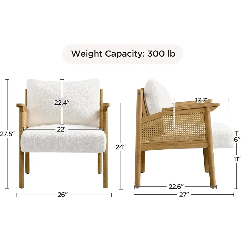 Accent Chair,Boucle Vanity Chair with Rattan Back Arms,Chair Upholstered Living Room Chair Lounge Chair Bedroom White 2PCS