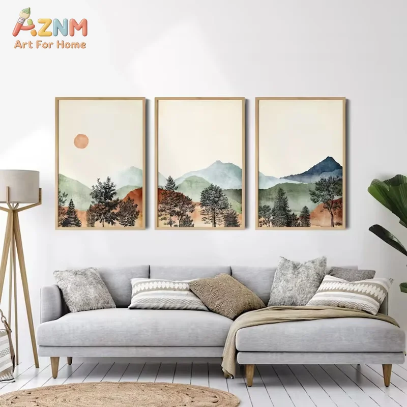 AZNM Nature Mountain Print Posters Landscape Set Printed Art Painting Living Room Decor 3 Piece Wall Poster Watercolor
