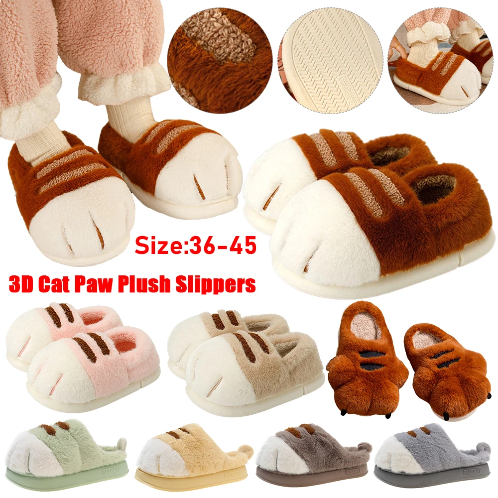 3D Cat Paw Plush Slippers Flat Thermal Slippers Comfortable Fluffy Home Slippers Furry Paw Couple Slippers for Indoor Bedroom