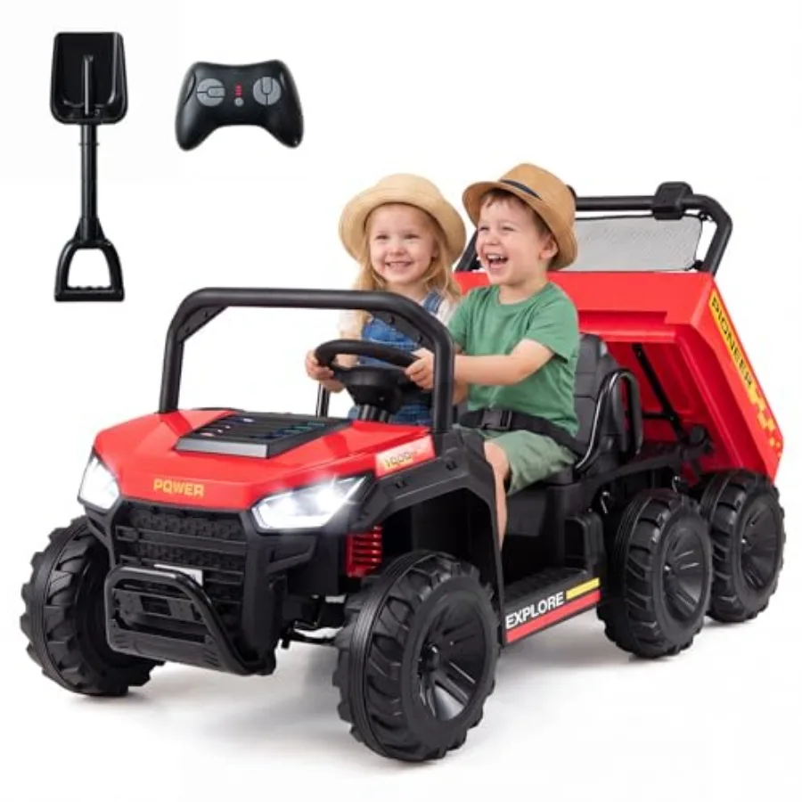 

2-Seater Ride on Dump Truck for outdoor play, steel and plastic construction, red color, 4WD 24V electric power with remote con