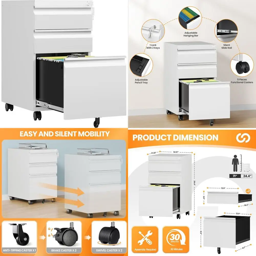 

White 3-Drawer Rolling File Cabinet with Lock for Home Office, Under Desk Storage, Legal/Letter/A4 Files - Assembly Required