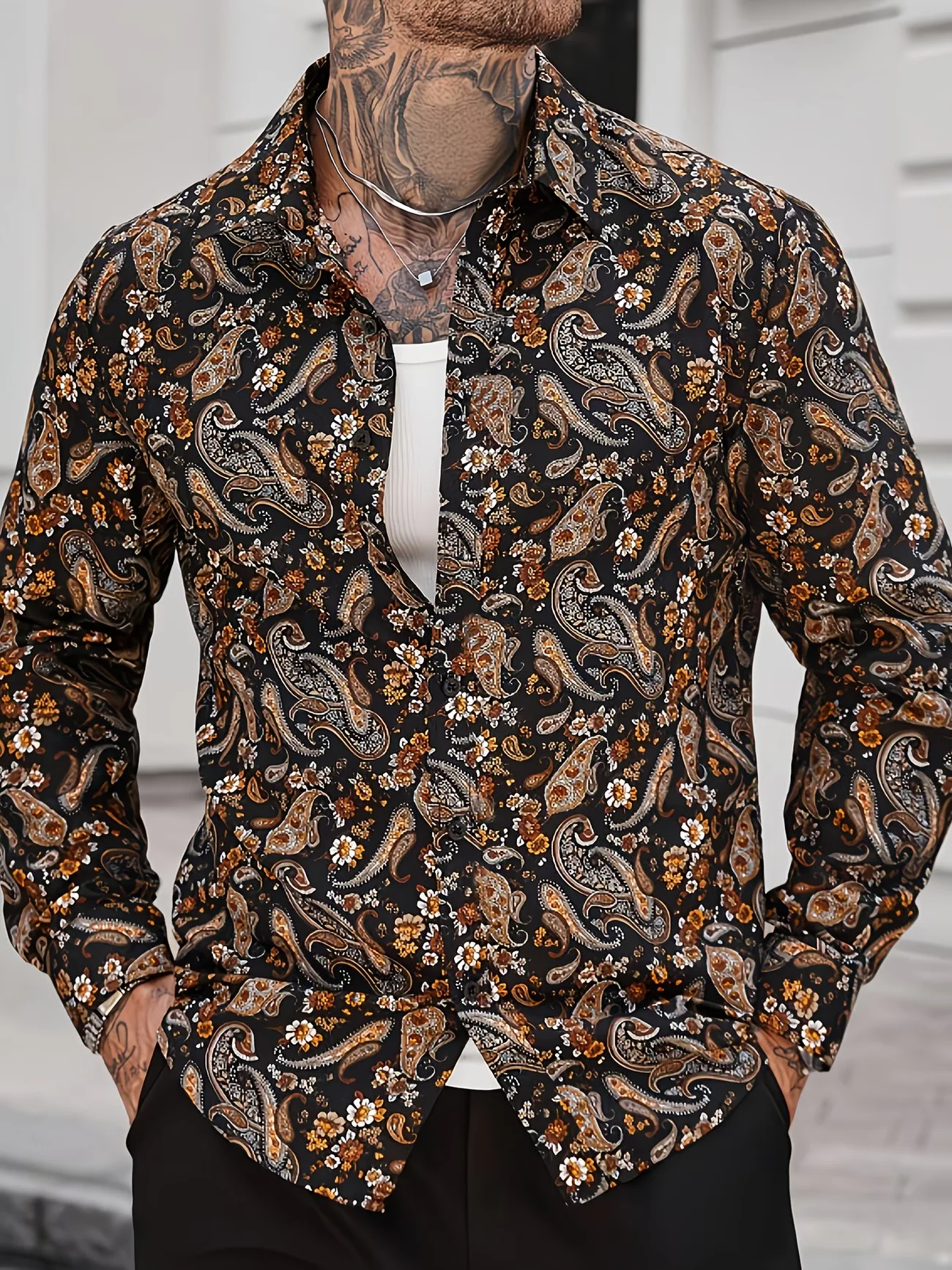 New men's long sleeved shirt with gold 3D flower printing technology, fashionable pattern, luxurious shirt style