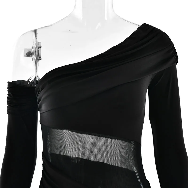 ZHIO Neues Kleid mit schrägem Kragen und langen Ärmeln, sexy schulterfreies Maxikleid mit seitlichem Schlitz, elegantes rückenfreies enges langes Clubkleid für Damen – Detail 14