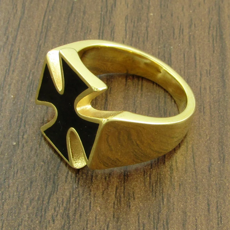 Free Shipping  316L Stainless Steel Gold Plated Color Knights Templar Black Cross Ring Jewelry For Women and Men Wedding Gift