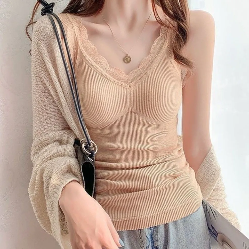 Undershirt Lace Thermal Underwear Sleeveless Seamless Base Layer Vest Plush Thicken Warm Bottoming Camisole Inner Wear