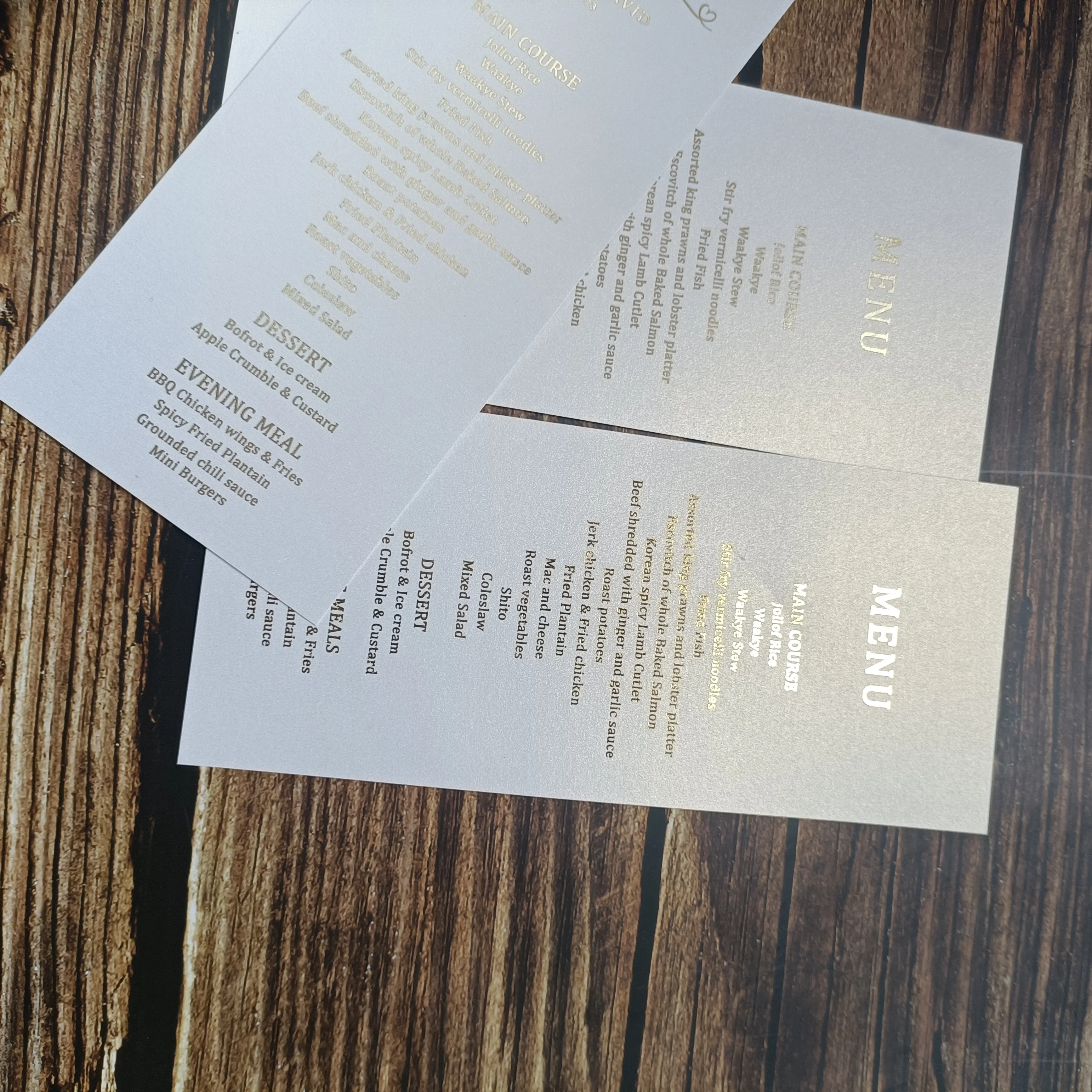 Tarjeta de placa de mesa personalizada para Banquete de cumpleaños, Carta Dorada, letras bronceadas completas, carta de menú de palabras doradas para boda, 50 piezas