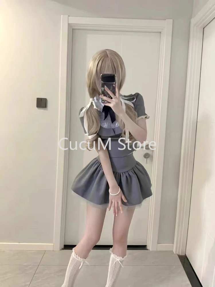 Korean Fashion Y2k Crop Tops High Waist Kawaii Slim Mini Skirt Hot Girls 2000s Preppy Style Grey 2 Piece Set Summer Women