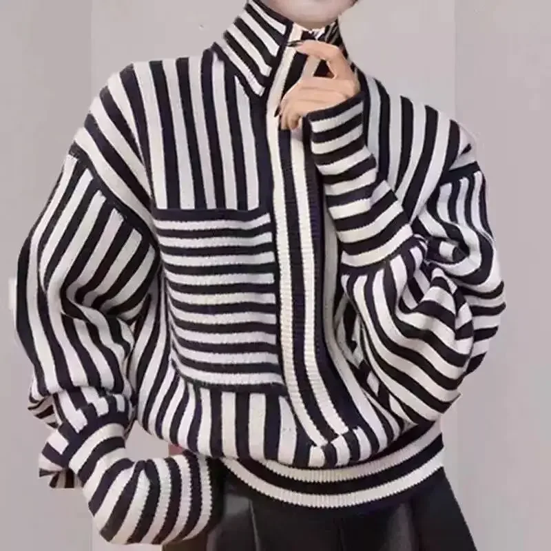 2024 Autumn/Winter New Striped Knitted Sweater  Loose, High Collar, Retro, Casual,  Soft Sticky Sweater Design