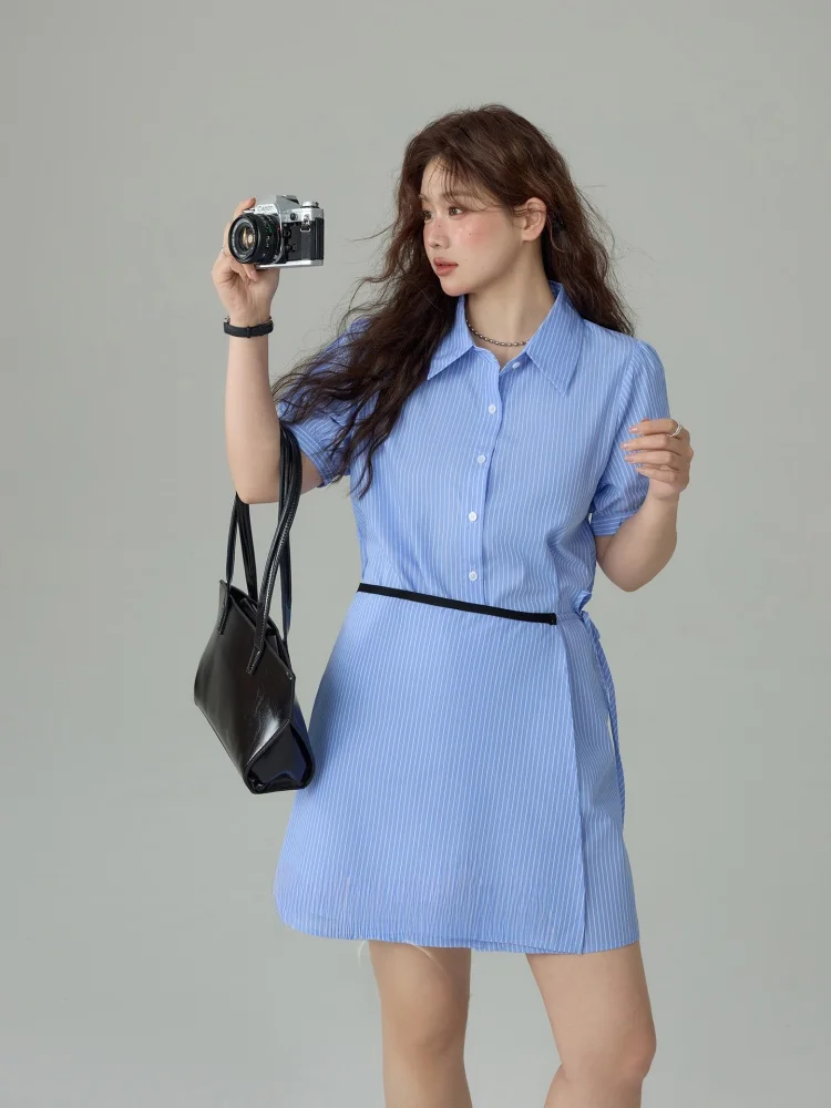 

Monica plus Size Women's Summer New Slimming Plaid Short Sleeve Collar Shirt Dress Korean Style A-Line High Waist Casual