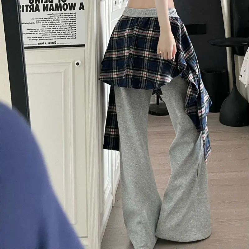 Spring Autumn American Retro Plaid Trousers Fake Two Pieces Sweatpants Women's Clothing Straight Casual Loose Patchwork Pants