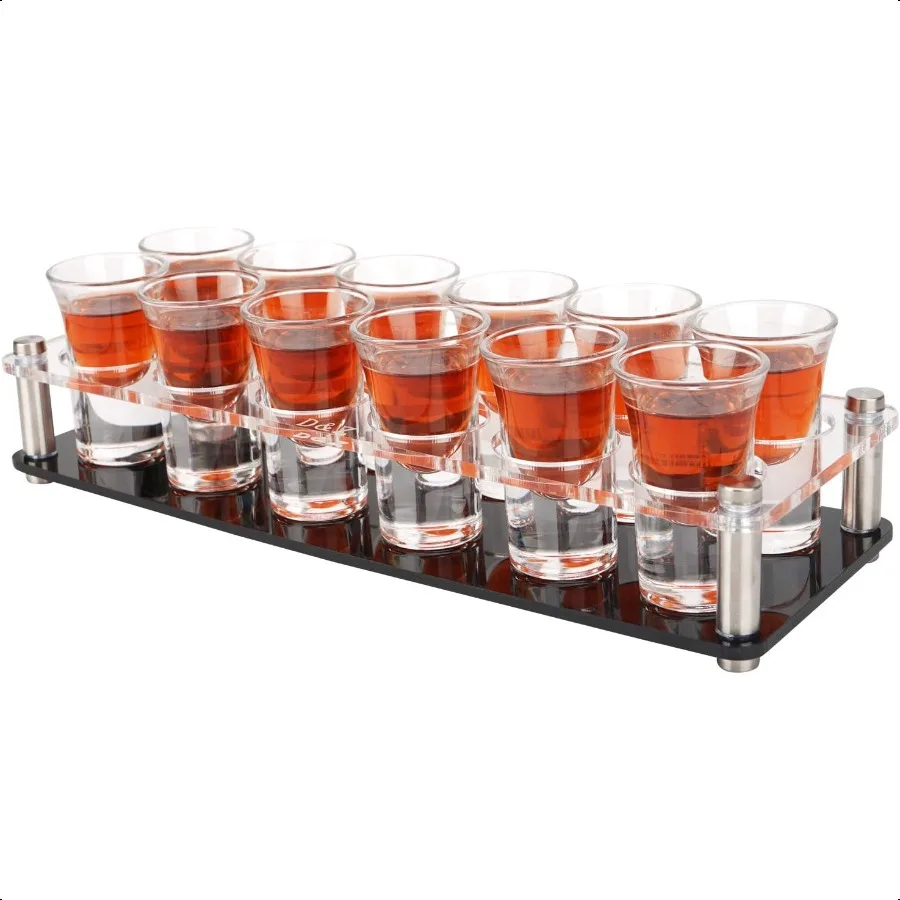 

1 Ounce Shot Glass Set with Tray 12 Shot Glasses for Tequila Vodka Whiskey Cocktail Unique and Convenient Serving Tray Easily O