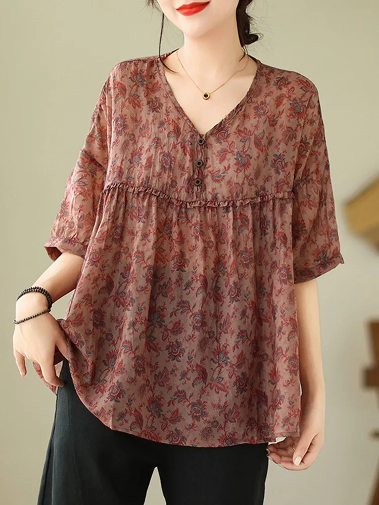 

Женские повседневные блузки, рубашки, Новое поступление 2023, летние свободные удобные женские топы в винтажном стиле с V-образным вырезом и цветочным принтом, B2832