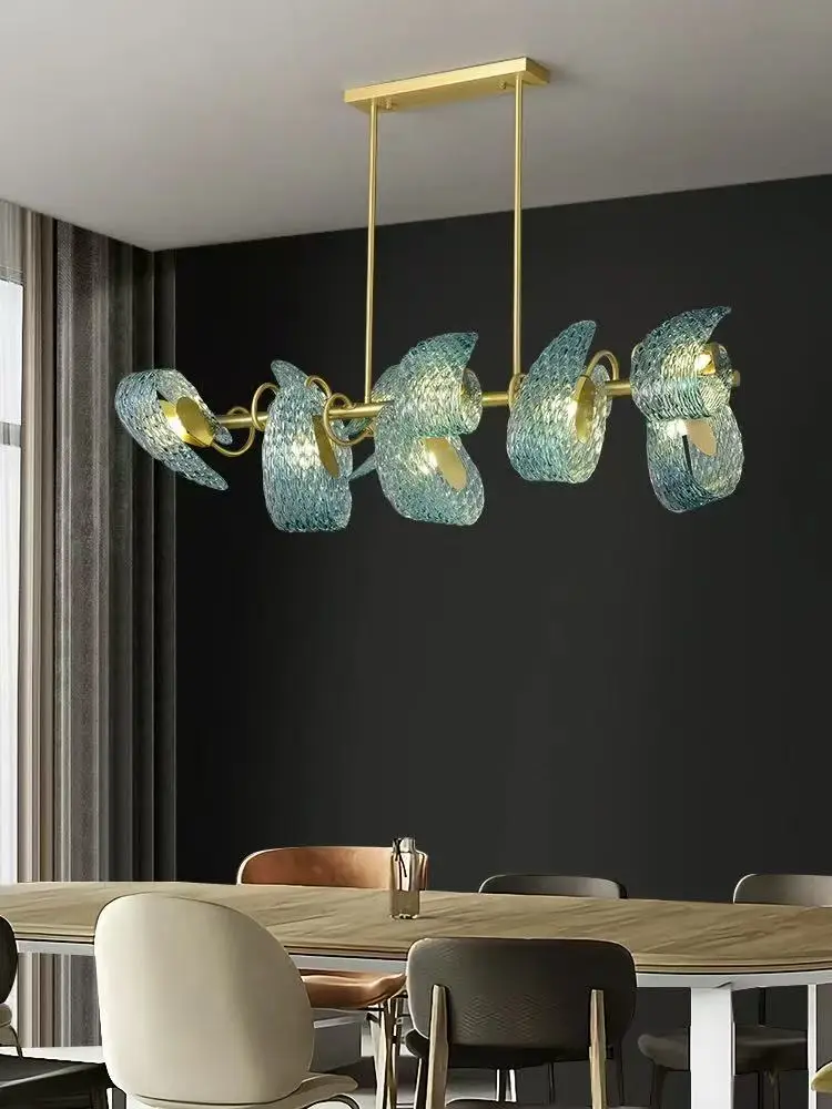 

2025 Luxury Adjustable Blue Pendant Light Glass Brass Luster Chandelier for Villa Hotel Staircase Dimmable Lighting Fixture