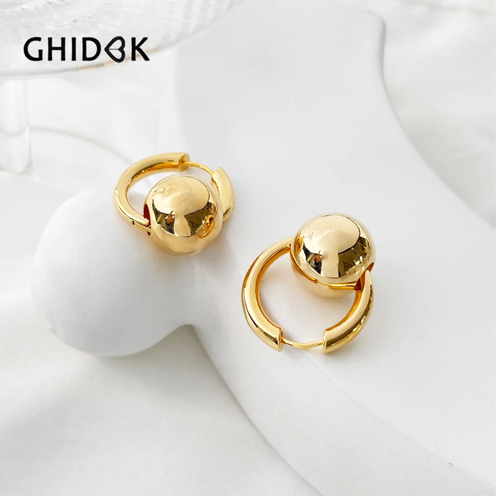 GHIDBK-pendientes de aro de bola grande chapados en plata y oro sólido para mujer, aretes Huggie de bola redonda ligeros y gorditos, elegantes