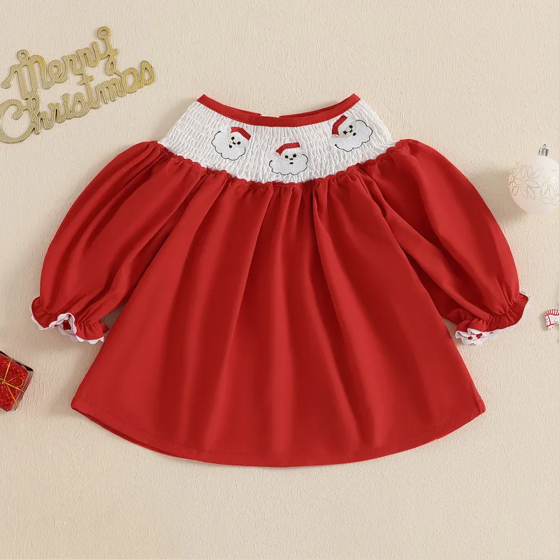 6 Months to 4 Years Christmas Little Girl Dress Shirred Santa Claus Embroidery Round Neck Ruffle Sleeve Dress