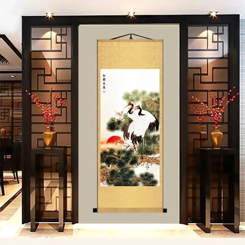 White Crane Chinese Painting Silk Scrolls Zen Traditional Silk Art Home /Office Decoration Gifts for Elders Poster Canvas