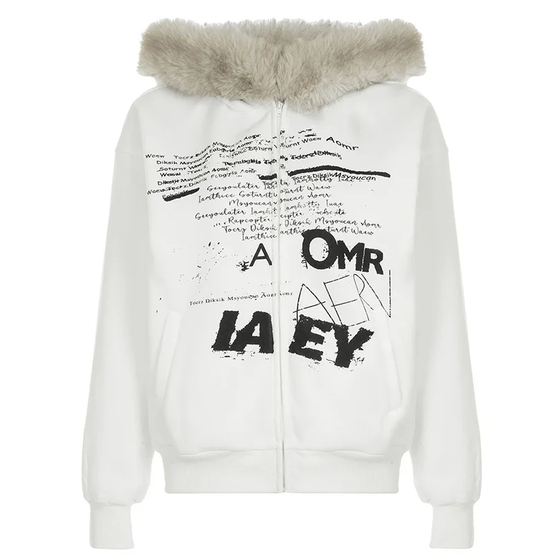Y2K Fashion Hottie Letter Print Contrast Color Dark Hooded Cardigan Retro Fur Stitching Loose Fit All Match Jacket