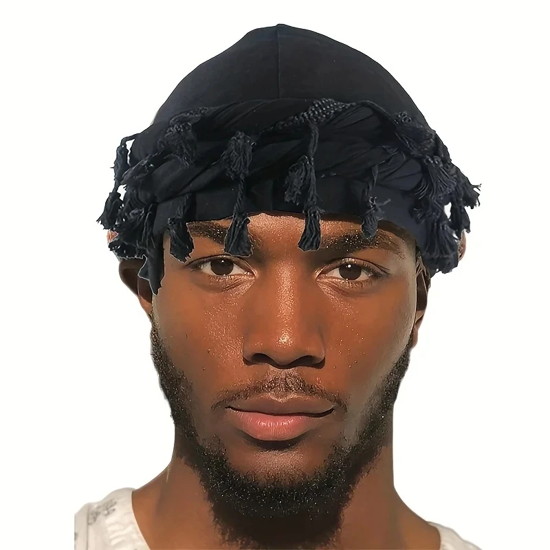 Men Hat Punk Burr Trim Twisted Tail Fringe Cotton Bandana Hat Hop Turban Hats Head Wrap Beanie Cap Solid Color Docker Hat