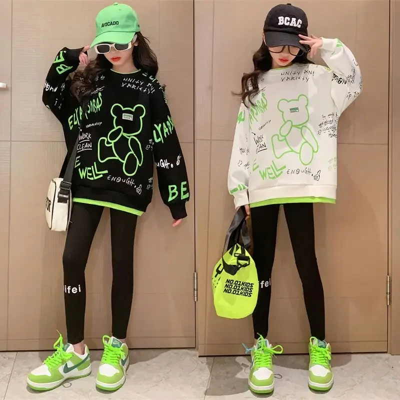 

2024 Spring Autumn Girls' Sweatshirts Pullover O-neck Long Sleeve Top Loose Causal Cartoon Bear Letter Printing 5-12 Years Old