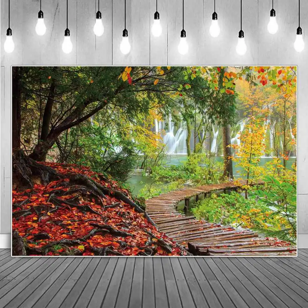 Mountain Waterfall Photography Backdrops Forest Lake Wooden Bridge Road Climbing Children Holiday Decoration Photo Background