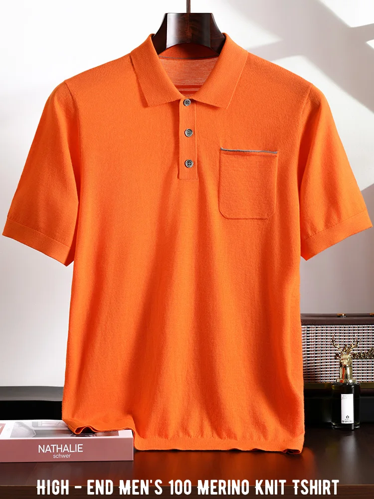 

Truly High-end Knitted Men's Merino Polo T-shirt Super Fine Ultra-thin Light Turn-down Collar Knit Tshirt Moisture Tee CN Size