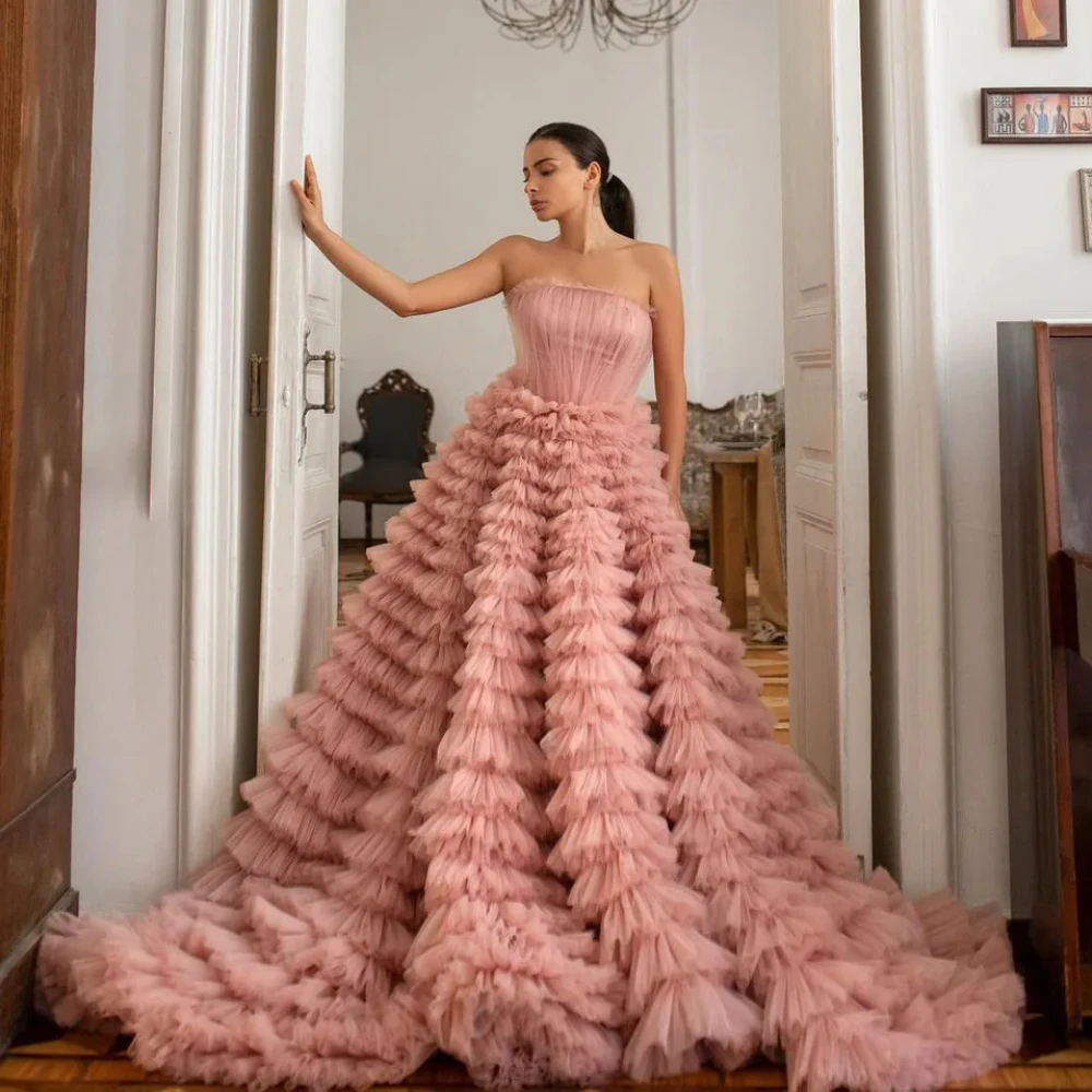 Pink Elegant Prom Dresses Strapless Sleeveless Puffy Layered Tulle Formal Evening Party Custom Made Gown