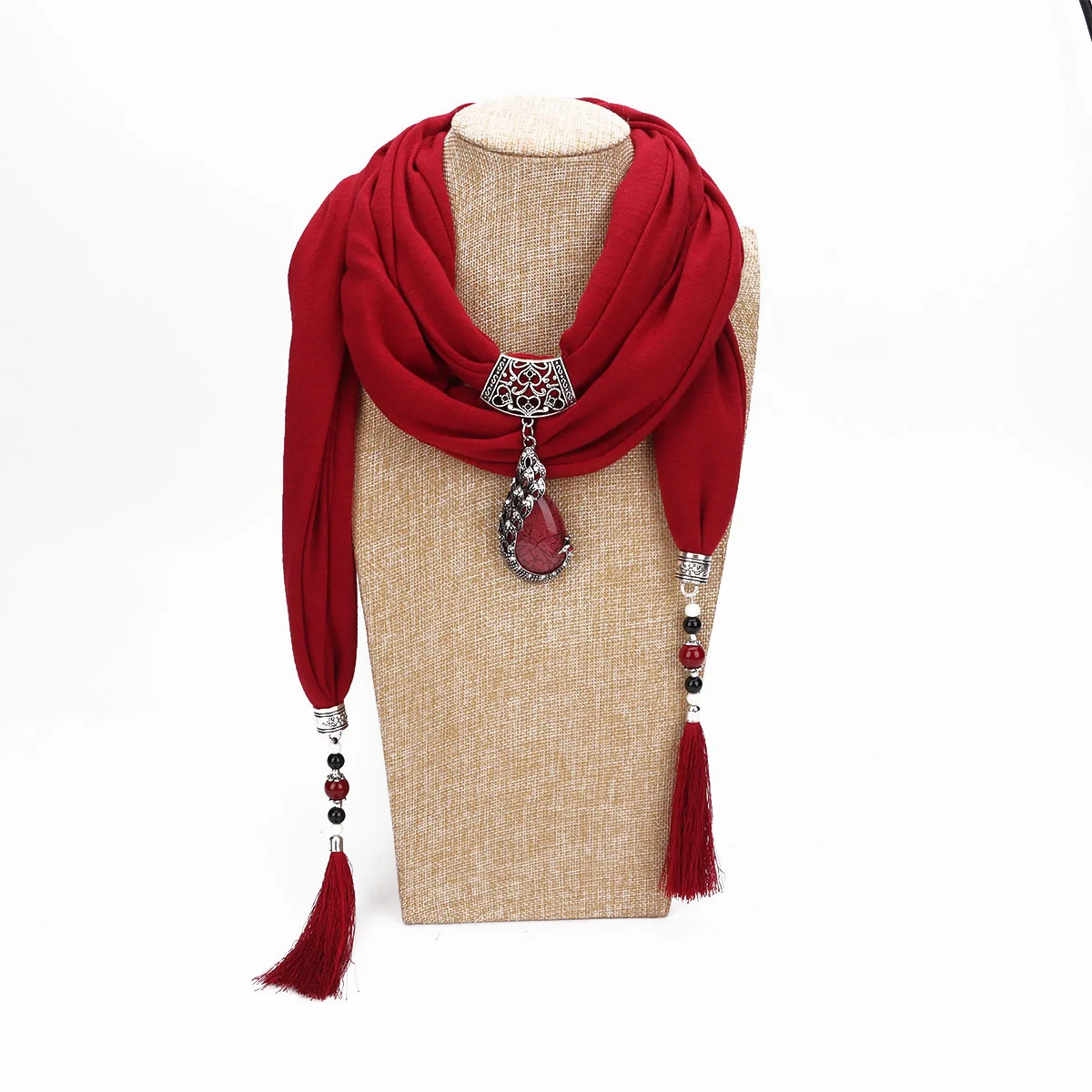 Collar con colgante de piedra natural Para Mujer, bufanda con flecos, bufandas con cuentas, joyería étnica, Pashminas Para Mujer