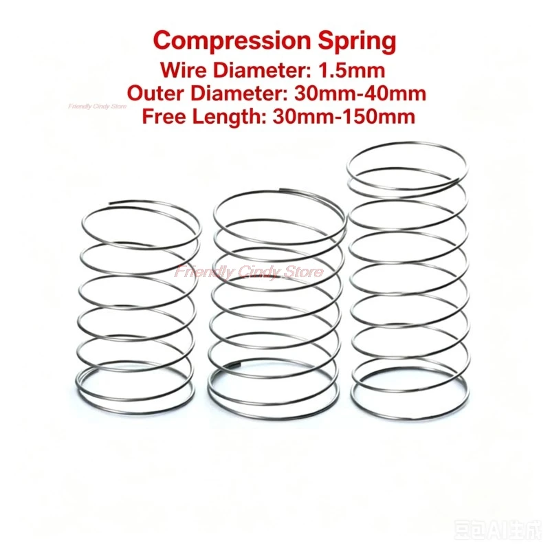 2Pcs Wire Diameter 1.5mm SUS304 Stainless Steel Large Diameter Compression Spring OD=30mm-40mm Free Length 30mm-150mm