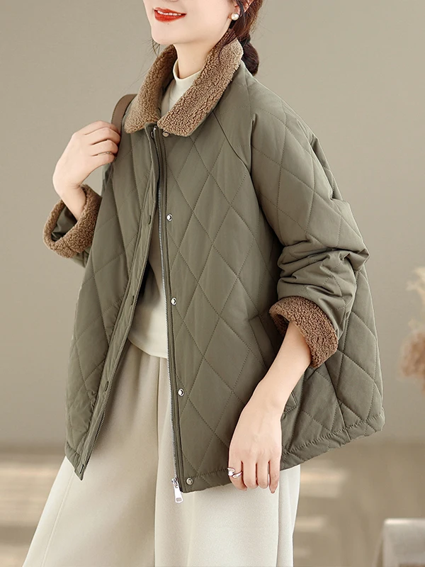 

Winter Quilted Cotton Jaet Diamond Pattern Casual Loose Slimming Lamb Fur Splicing Cotton Coat Women's Thi Long Sve