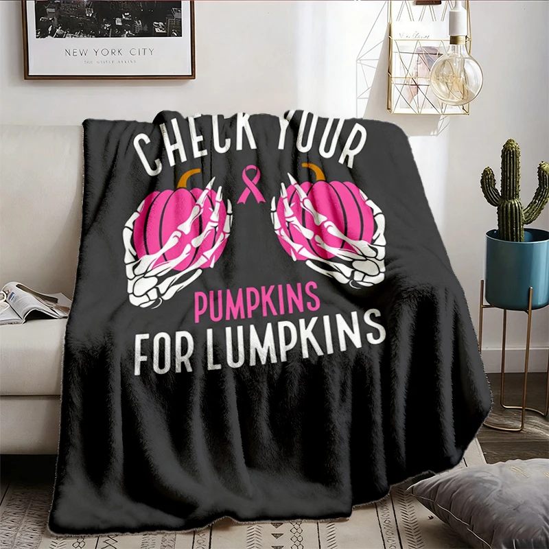 Breast Cancer Awareness Comfort Flannel Throw: Check Your Pumpkins Halloween Cozy Blanket Flannel Throw Flannel Blanket
