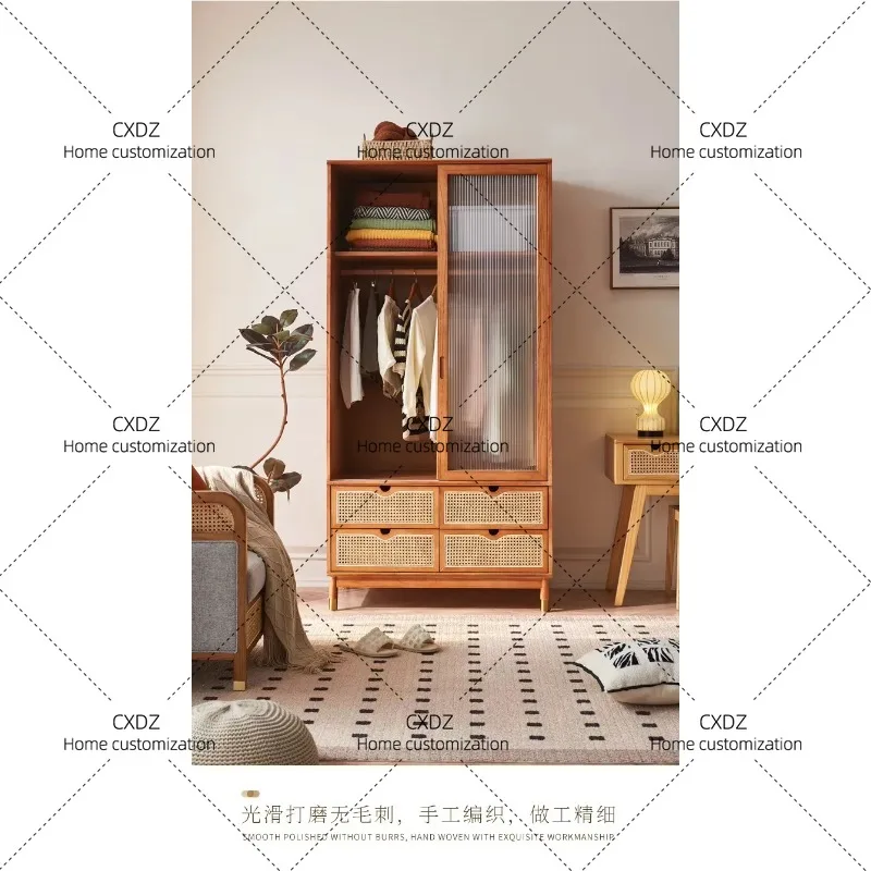 XXSolid Wood Glass Cabinet Door Wardrobe Wabi Wind Bedroom Household Small Apartment With Drawers Rattan Wardrobe Furniture