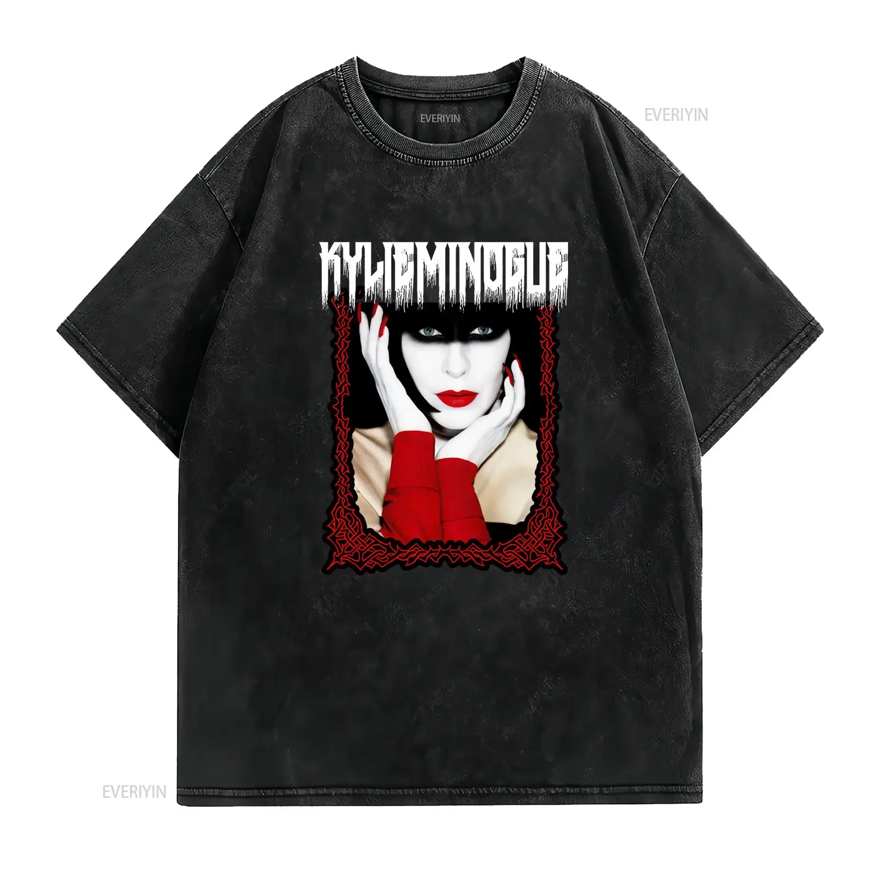 Gothic Dark Goth Girl Red Thorn Frame Print Streetwear Cool T Shirt vintage Washed fashion Stylish Casual Slightly Versatile