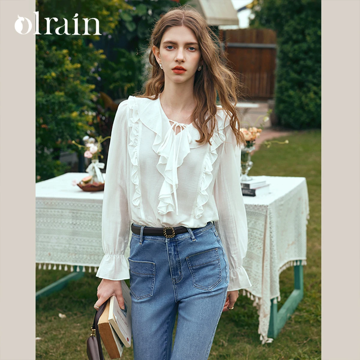 

OLrain Chiffon Shirts Women Autumn 2026 New Long Sleeves Blouses Solid Ruffle V-neck Loose Knitted Ladies Clothing G24CX89982