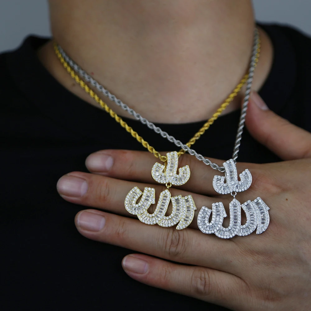 New Iced Out Muslims Allah Pendant Necklace Gold Silver Color Pave Zircon 5A CZ Allah Letter Charm Women Men Hip Hop Jewelry
