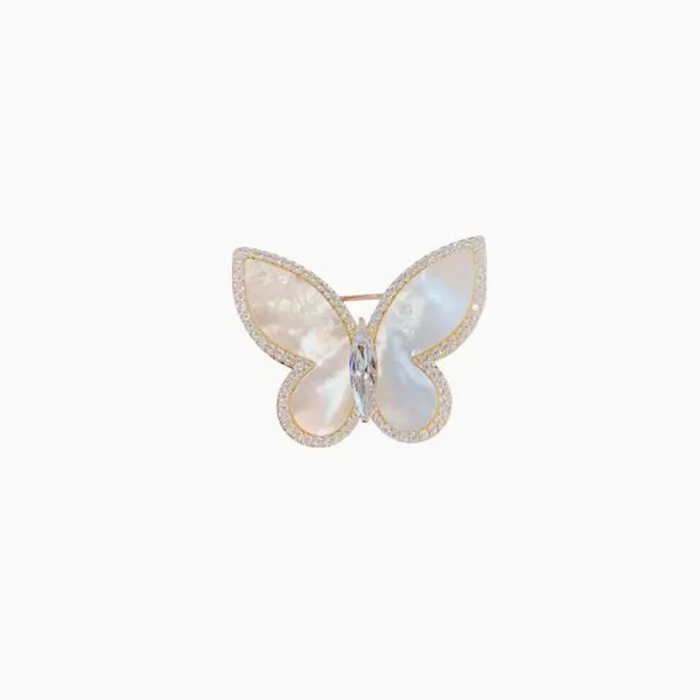 Fashionable gem shell butterfly zircon brooch, anti-exposure brooch for women, metal button to fix clothes, wedding party gift