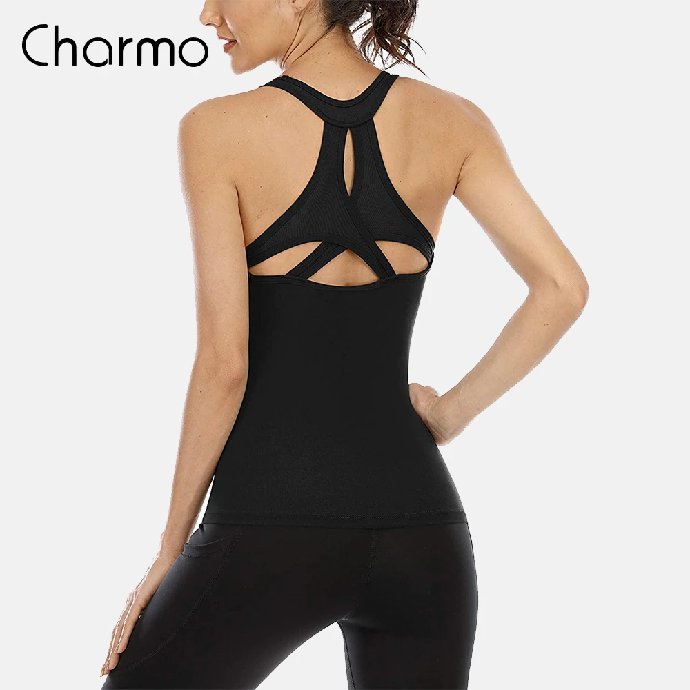 Charmo Women Workout Tank Top Sleeveless Sports Vest Mesh Criss Cross Open Back Athletic Yoga Shirt