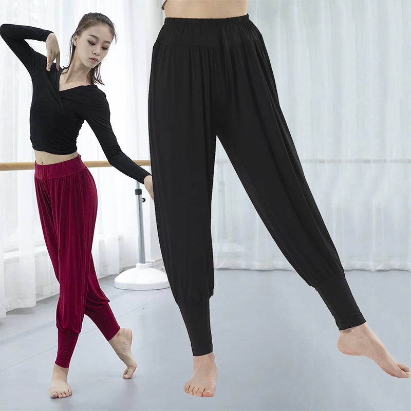 Pantaloni da ballo moderni da donna pantaloni da lanterna in vita elasticizzati in tinta unita pantaloni da Yoga comodi per la pratica della danza M-2XL