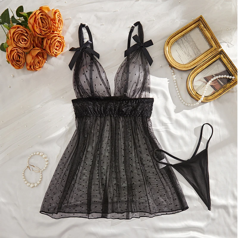 

Sexy Polka Dot Nightdress Black Mesh Pajamas for Women Deep V See Through Sexy Nightgown Pure Desire Backless Slip Pajamas Dress