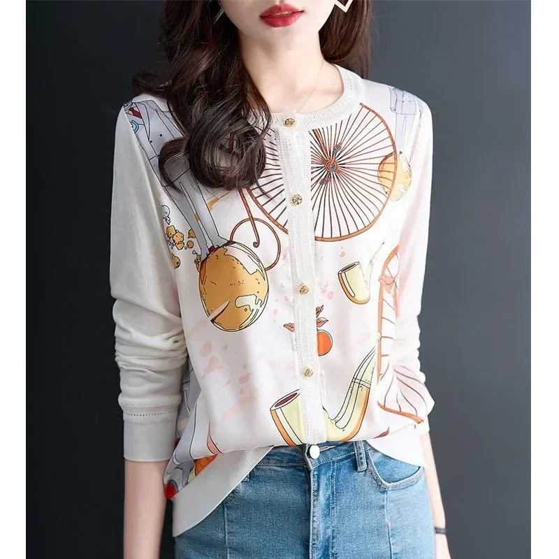 Autmn New Fall 3D Printed Cardigans Women print Chiffon Patchwork Knitted cardigan Formal OL Fall Clothes Top