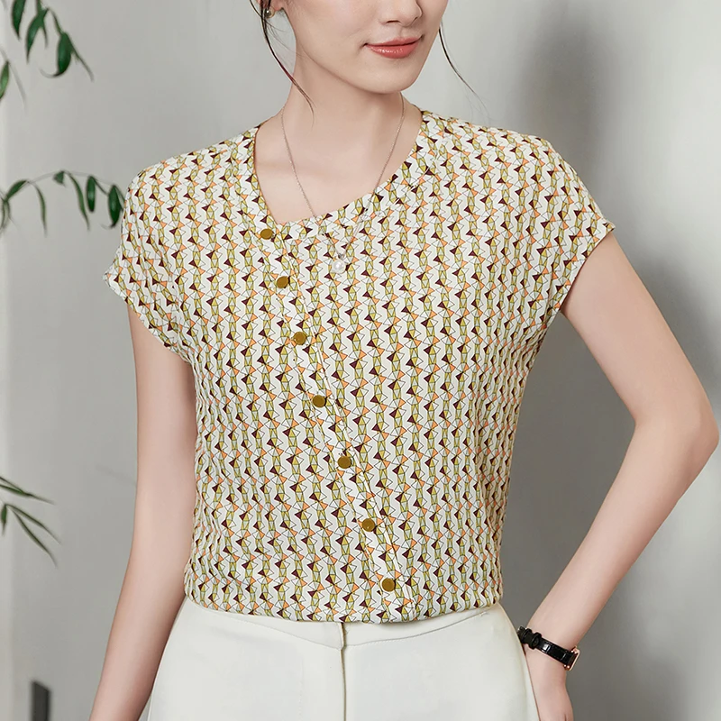 

100% Real Silk Women's Print Shirt 2026 Summer V-neck Elegant Fashion Shirts Blouses for Women Short Sleeve Tops Casual Blouse