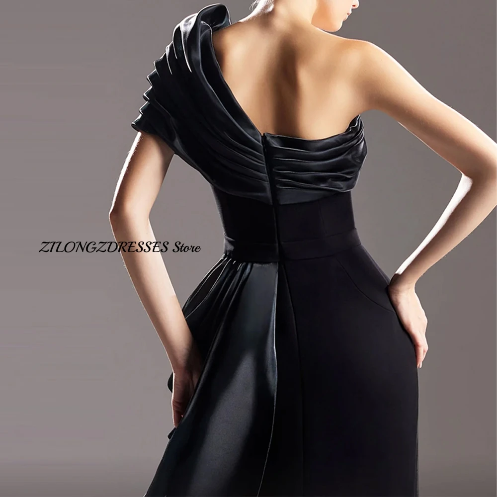 CustomizedCustomized Elegant Zipper Back One Shoulder Jersey Evening Dresses Formal Draped Front Slit Sheath Sweep Train Saudi A