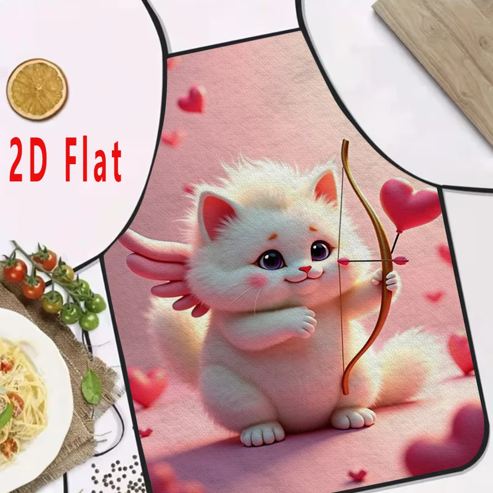Cute Cupid Cat Apron, Angel Wings Kitten Print Kitchen Bib, Valentine's Day Gift, Cartoon Cooking Apron for Women & Girls