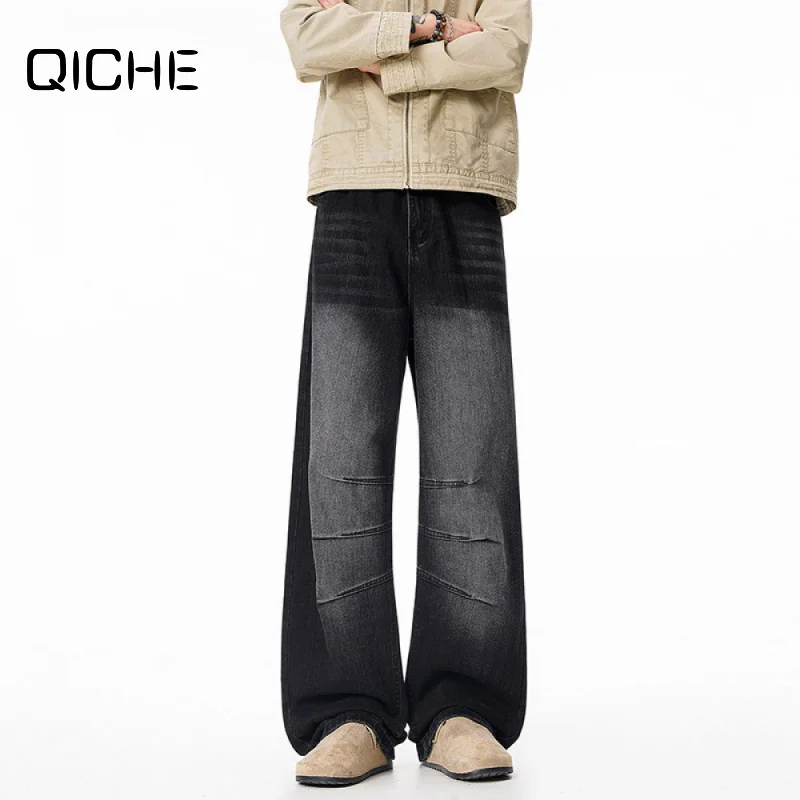 QICHE 2026 Unisex Deconstructed Wrinkle Washed Jeans, Spring Autumn Loose Vintage Distressed Flare Straight Long Pants