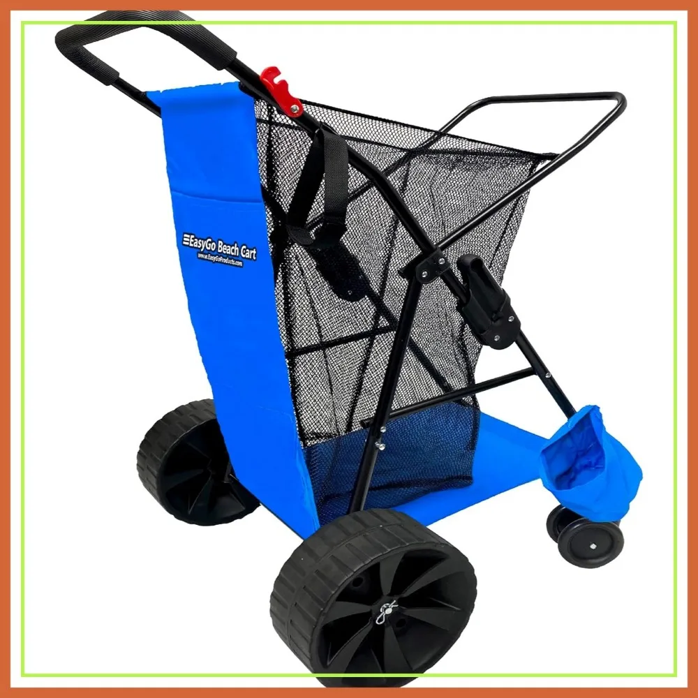

Heavy Duty Beach Wagon Folding Utility Cart Large Sand Wheels Holds 4 Chairs Storage Pouch Umbrella Holder Blue