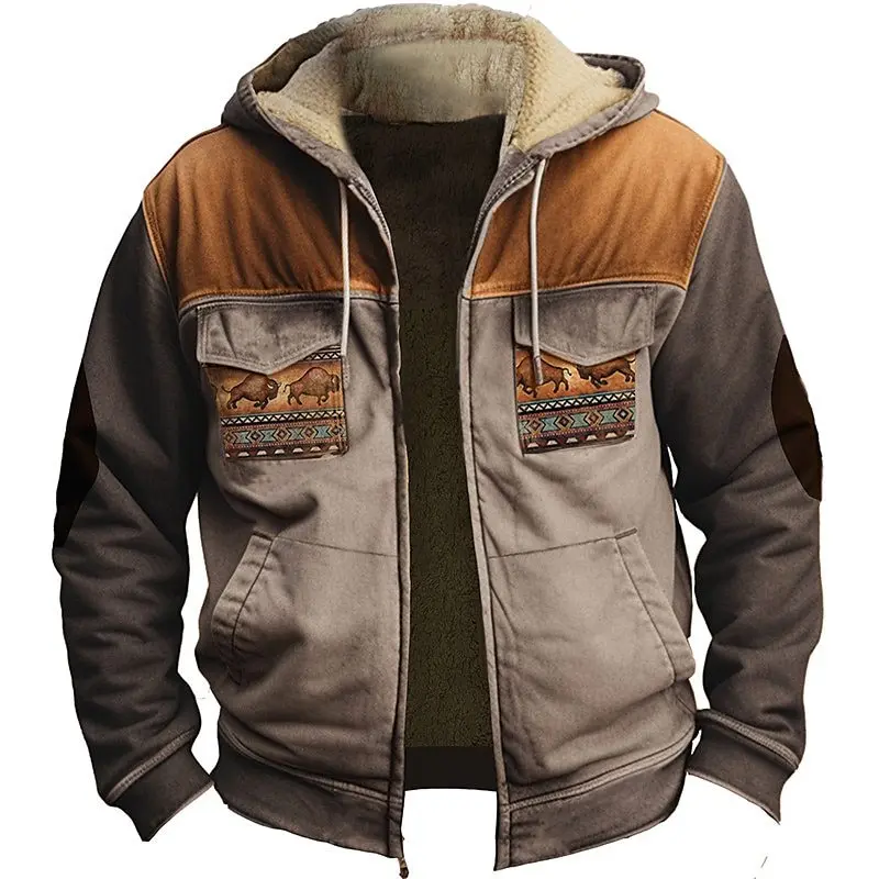 

2023 Fashion Print Winter Thick Men Jackets Casual Fleece Zipper Hooded Coat Men's Warm Clothing Chaquetas Hombre